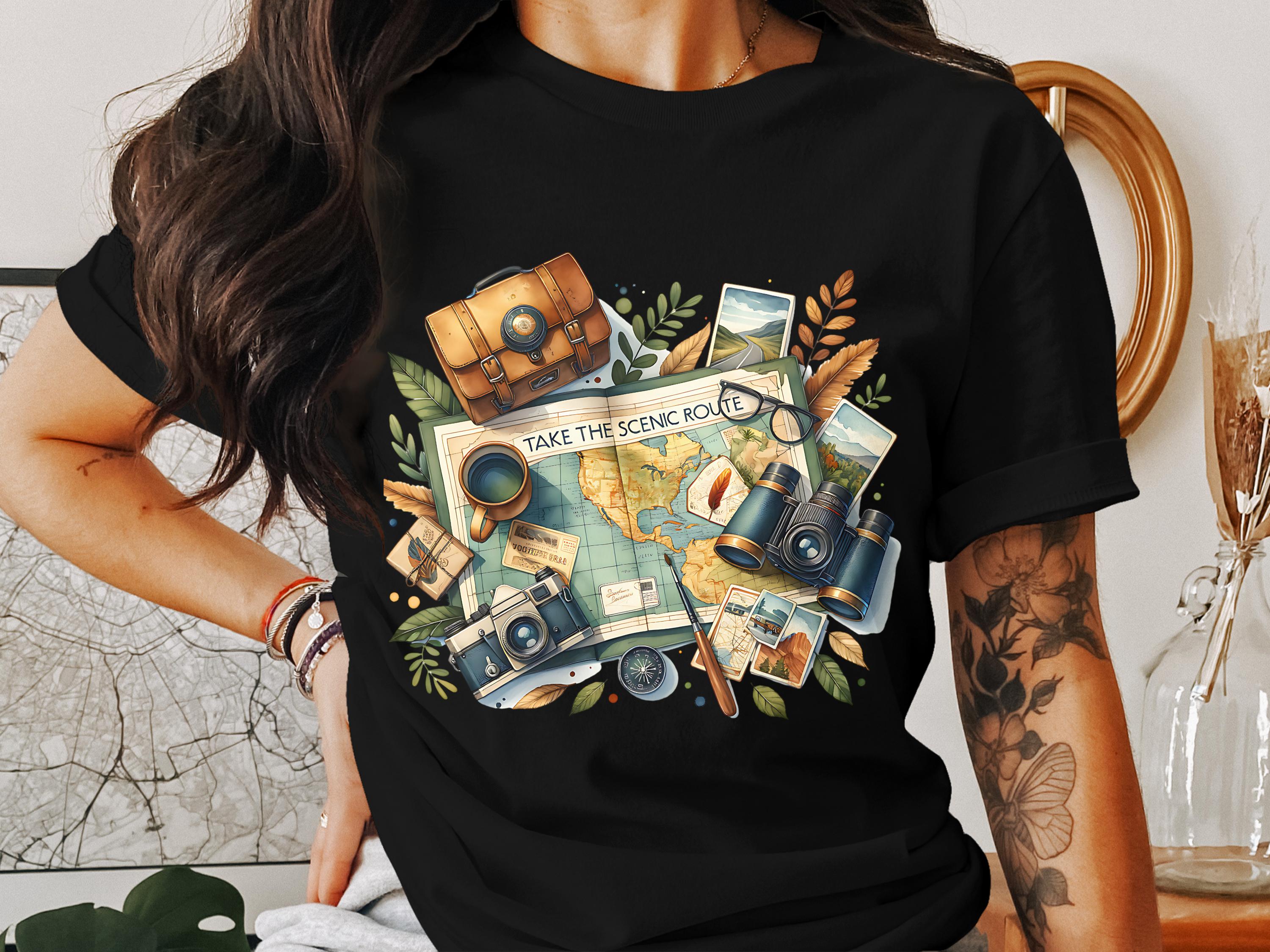 Vintage Travel T-Shirt, Scenic Route Graphic Tee, Adventure Maps and Camera Print, Explorer Shirt Gift Idea