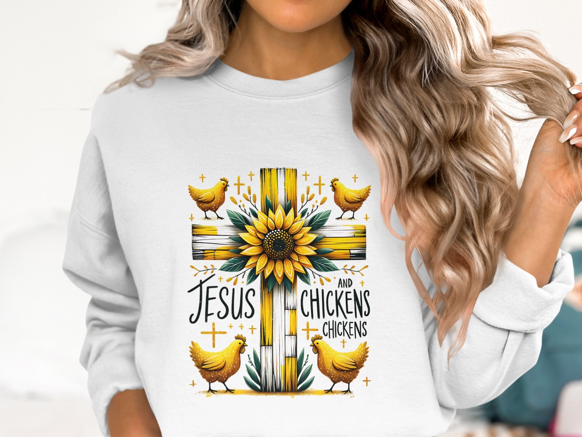 Women's Christian Sweatshirt, Jesus and Chickens Graphic, Sunflower Cross Design, Religious Casual Wear