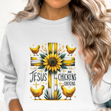 Women's Christian Sweatshirt, Jesus and Chickens Graphic, Sunflower Cross Design, Religious Casual Wear