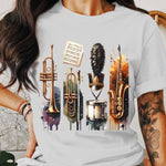 Women's Music Themed T-Shirt, Artistic Instruments Design, Casual Cotton Tee, Unique Gift for Musicians