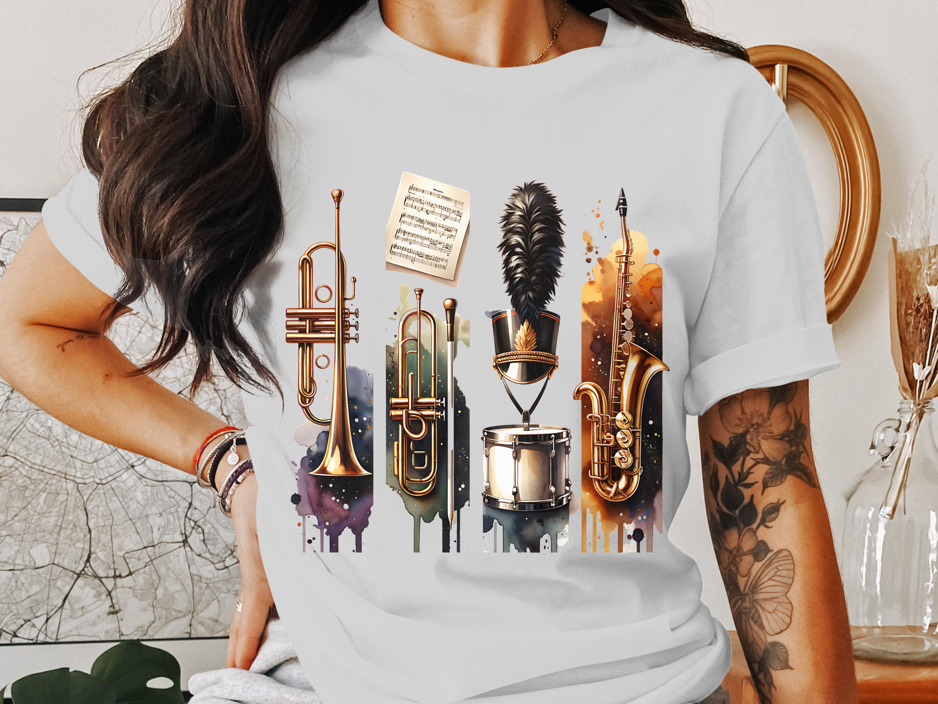 Women's Music Themed T-Shirt, Artistic Instruments Design, Casual Cotton Tee, Unique Gift for Musicians