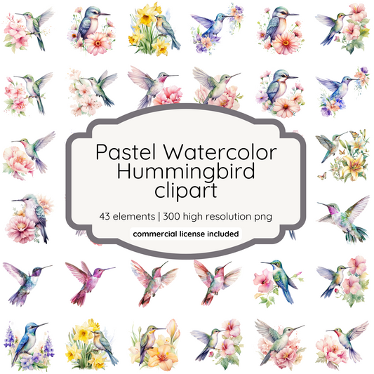 Pastel Watercolor Hummingbird Clipart | 43 PNG Images | 300 DPI Transparent Background | Hand-Painted Bird Illustrations for Sublimation & DIY Projects