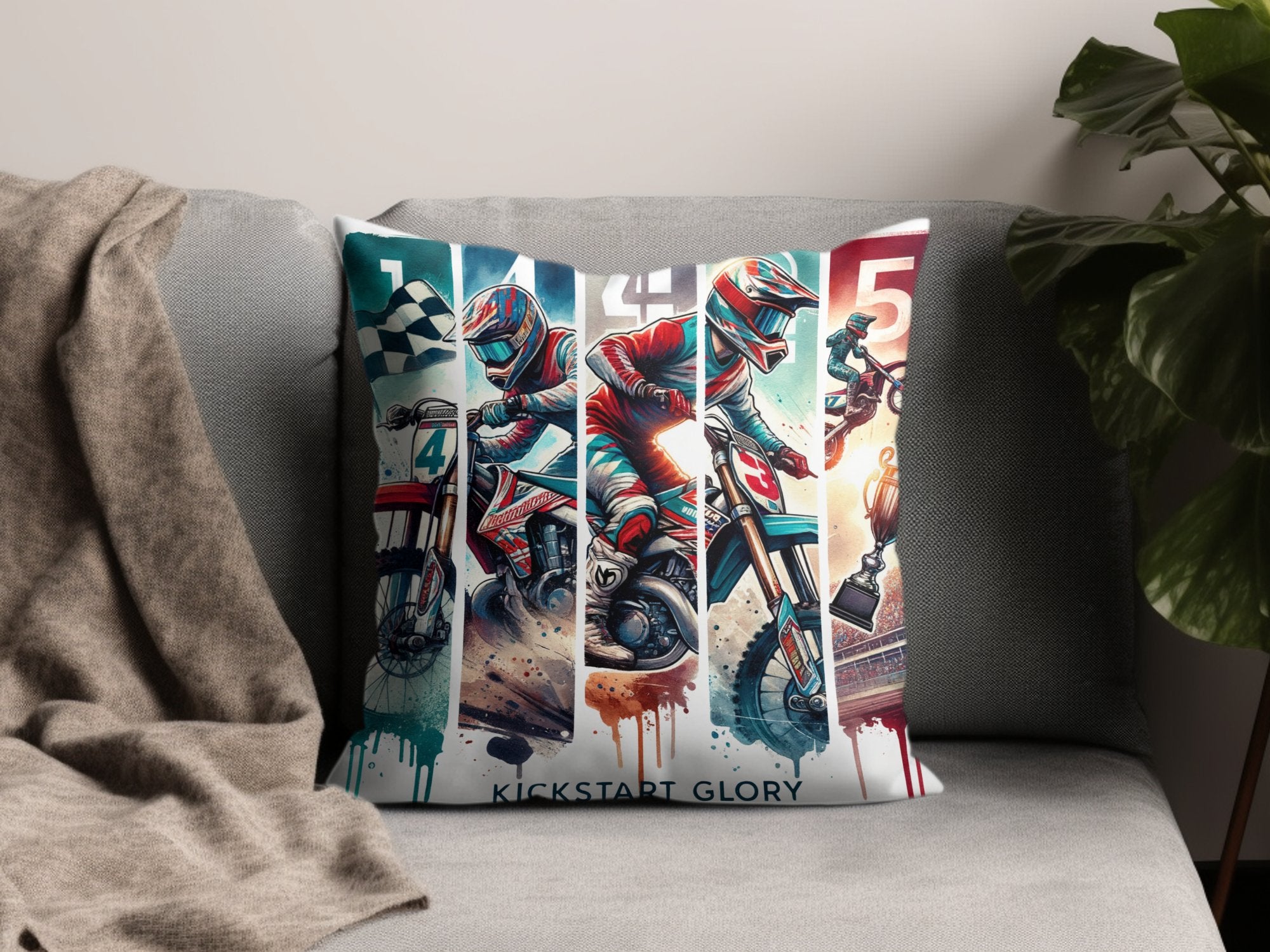 Motocross Themed Cushion Cover, Dirt Bike Pillow, Racing Home Decor, Motorcycle Sports Artwork, Vibrant Living Room Accessory