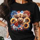 Patriotic Highland Cow T-Shirt, American Flag, Floral Fireworks Graphic Tee, Unisex Summer Festival Clothing, Independence Day Shirt
