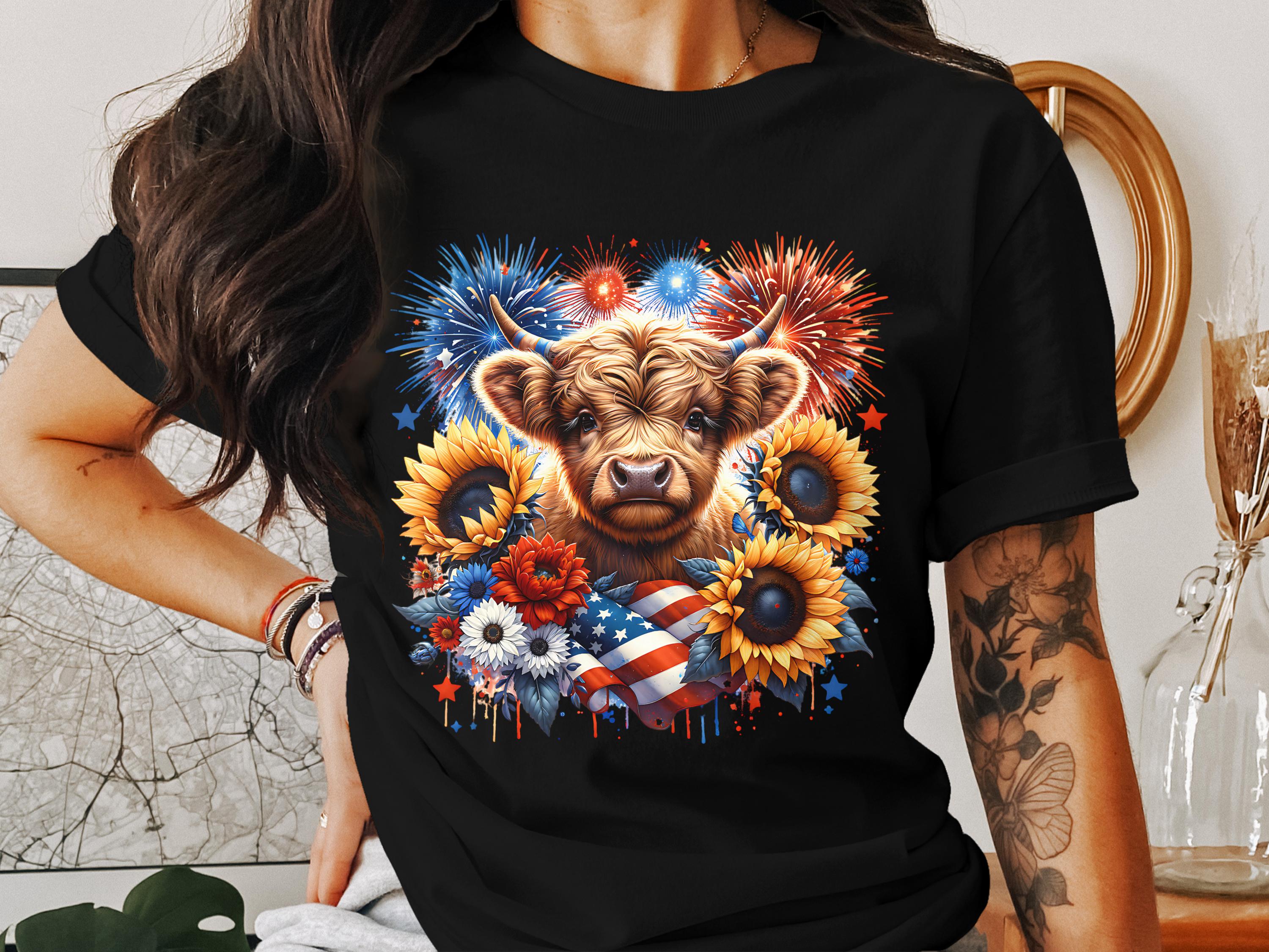 Patriotic Highland Cow T-Shirt, American Flag, Floral Fireworks Graphic Tee, Unisex Summer Festival Clothing, Independence Day Shirt
