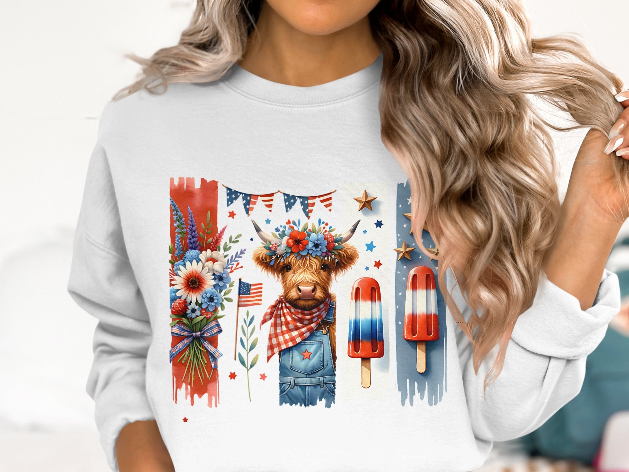 Women's Patriotic T-Shirt, Cute Dog Graphic, Floral and Popsicle Design, Summer Casual Wear