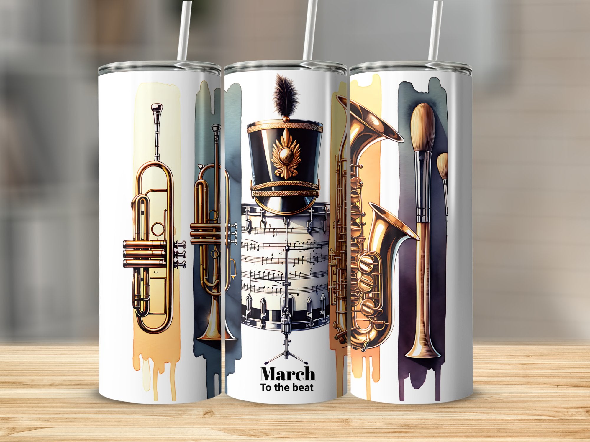 Marching Band Themed Tumblers, Brass Instruments Design, Music Lovers Gift, Reusable Metal Drinkware