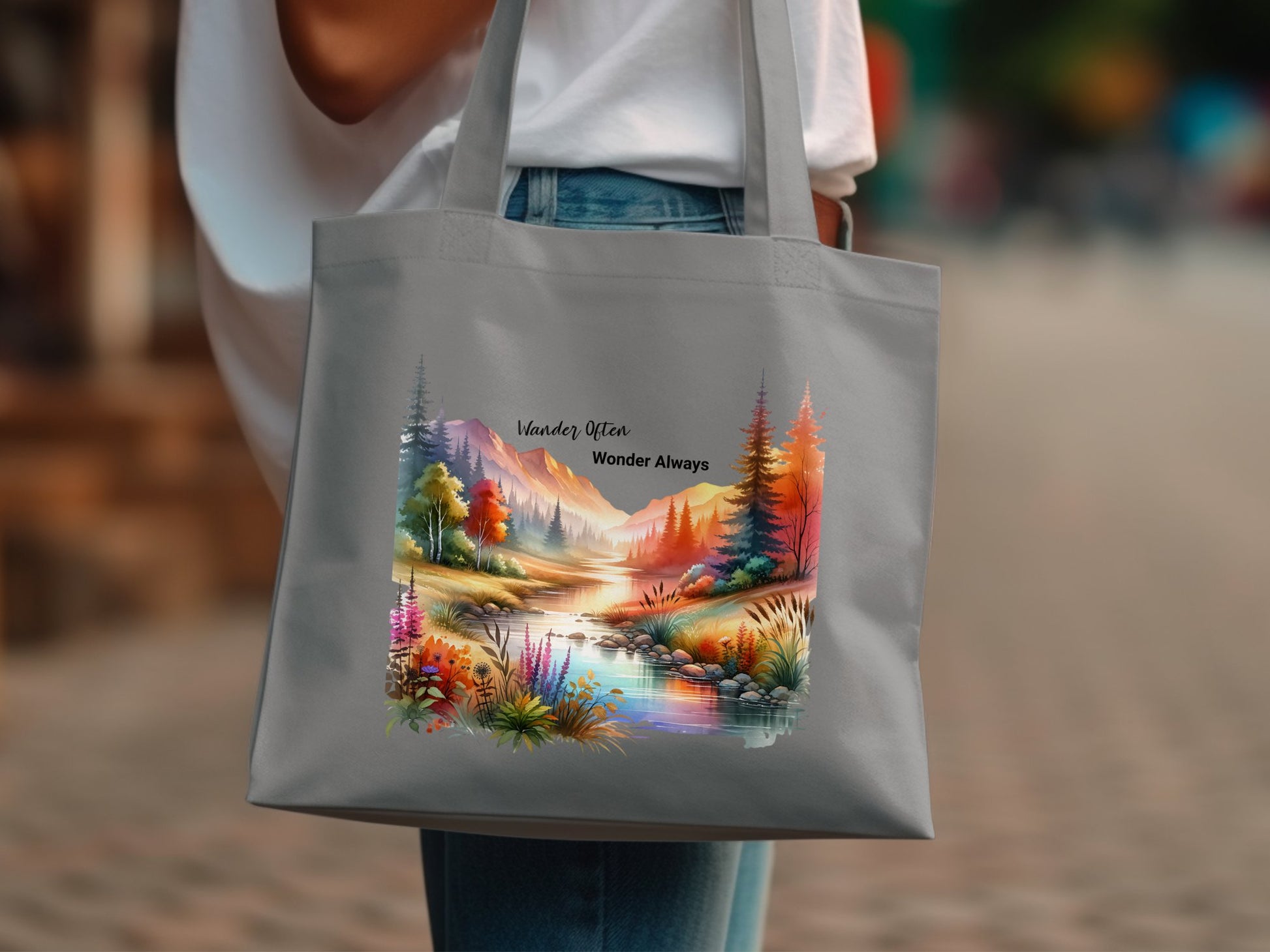 Colorful Nature Scene Canvas Tote Bag, Vibrant Watercolor Forest Art, Durable Shopping Bag, Unique Gift Idea