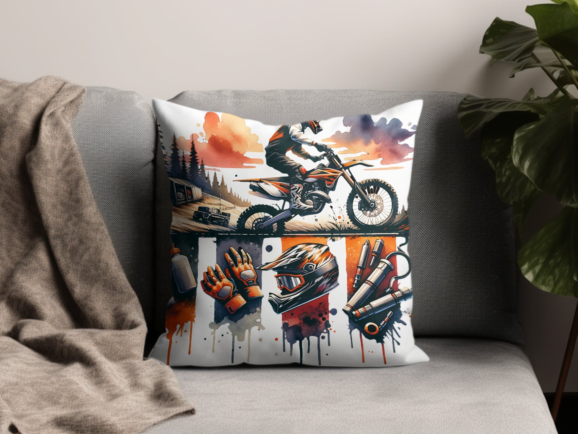 Motocross Themed Cushion Cover, Dirt Bike Pillow, Extreme Sports Home Decor, Motorcycle Art Throw Pillow, Adventure Aesthetic