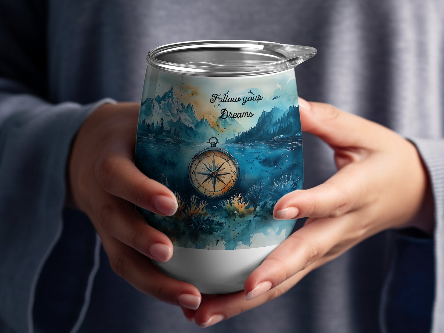 Compass with Mountains Range Tumbler Wrap, Adventure Follow Your Dreams 20oz Sublimation Tumbler Design, Travel Nautical Wanderlust Instant Download PNG