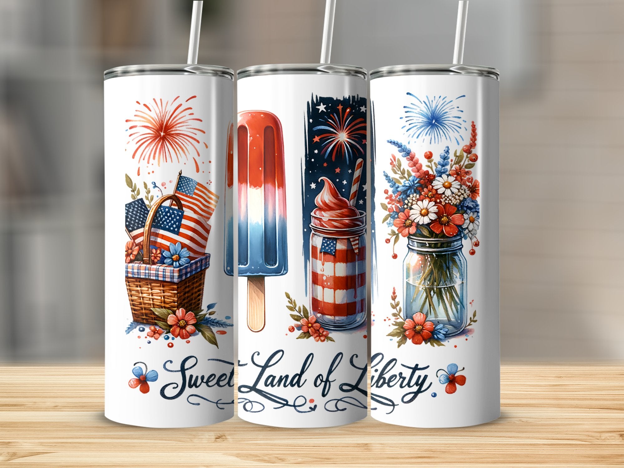Patriotic Tumblers, American Flag, Firework, Floral, Independence Day, Insulated Drinkware Set