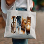 Music and Travel Themed Tote Bag, Artistic Trumpet and Landmarks Print, Stylish Canvas Shoulder Bag