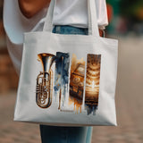 Music and Travel Themed Tote Bag, Artistic Trumpet and Landmarks Print, Stylish Canvas Shoulder Bag