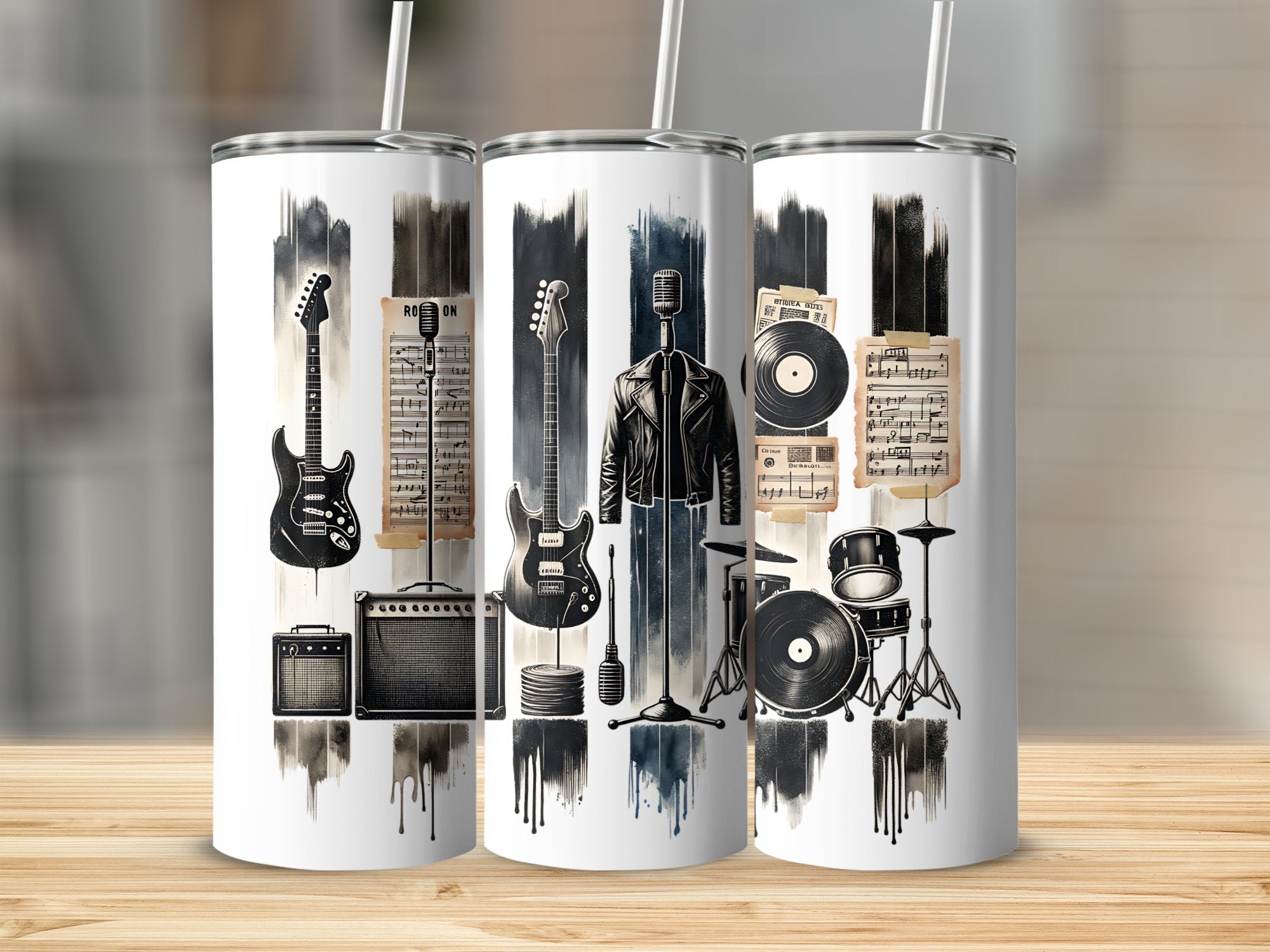 Music Themed Tumbler Set, Guitar, Microphone, Drums, Vinyl, Unique Gifts for Musicians and Music Lovers