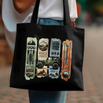 Stylish Black Tote Bag with Vintage Outdoor Adventure Print, Durable Shopping Bag
