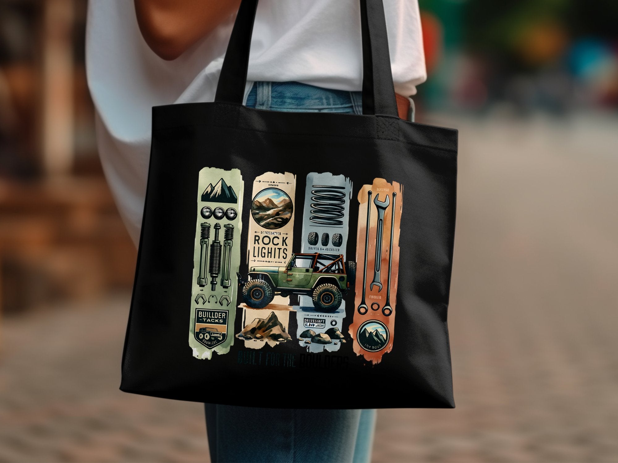 Stylish Black Tote Bag with Vintage Outdoor Adventure Print, Durable Shopping Bag