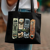 Stylish Black Tote Bag with Vintage Outdoor Adventure Print, Durable Shopping Bag