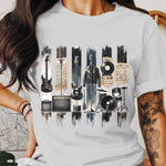 Vintage Music Equipment Graphic T-Shirt, Retro Style Guitar and Amps Tee, Unisex Music Lover Shirt, Artistic Band Apparel