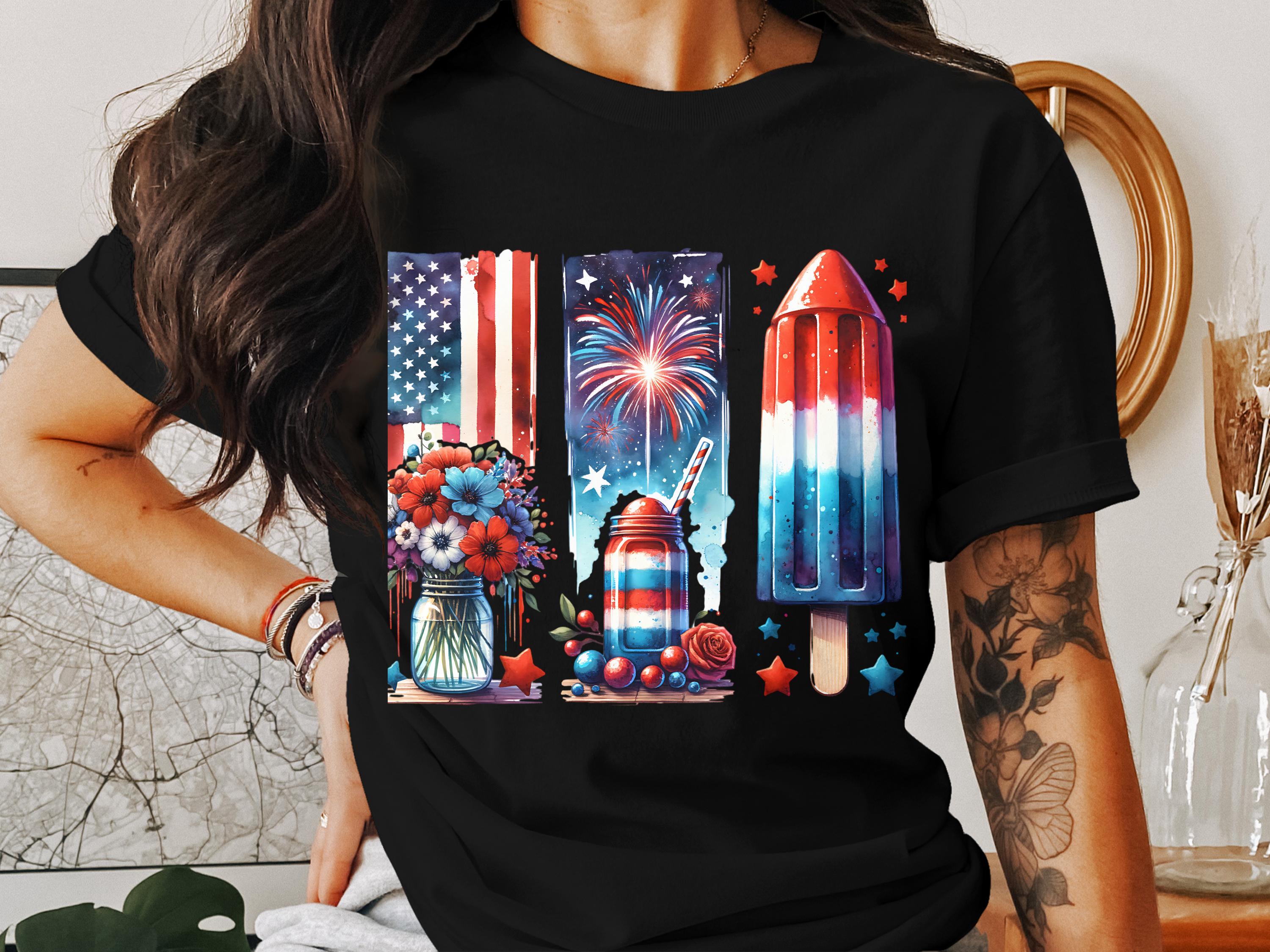 Patriotic T-Shirt, USA Flag Rocket Fireworks Floral Design, 4th of July Celebration Tee, Unisex Graphic Shirt