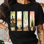 Colorful Botanical Bookshelf T-Shirt, Nature Lover Tee, Floral and Plant Graphic Shirt, Casual Wear for Women and Men.