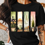 Colorful Botanical Bookshelf T-Shirt, Nature Lover Tee, Floral and Plant Graphic Shirt, Casual Wear for Women and Men.