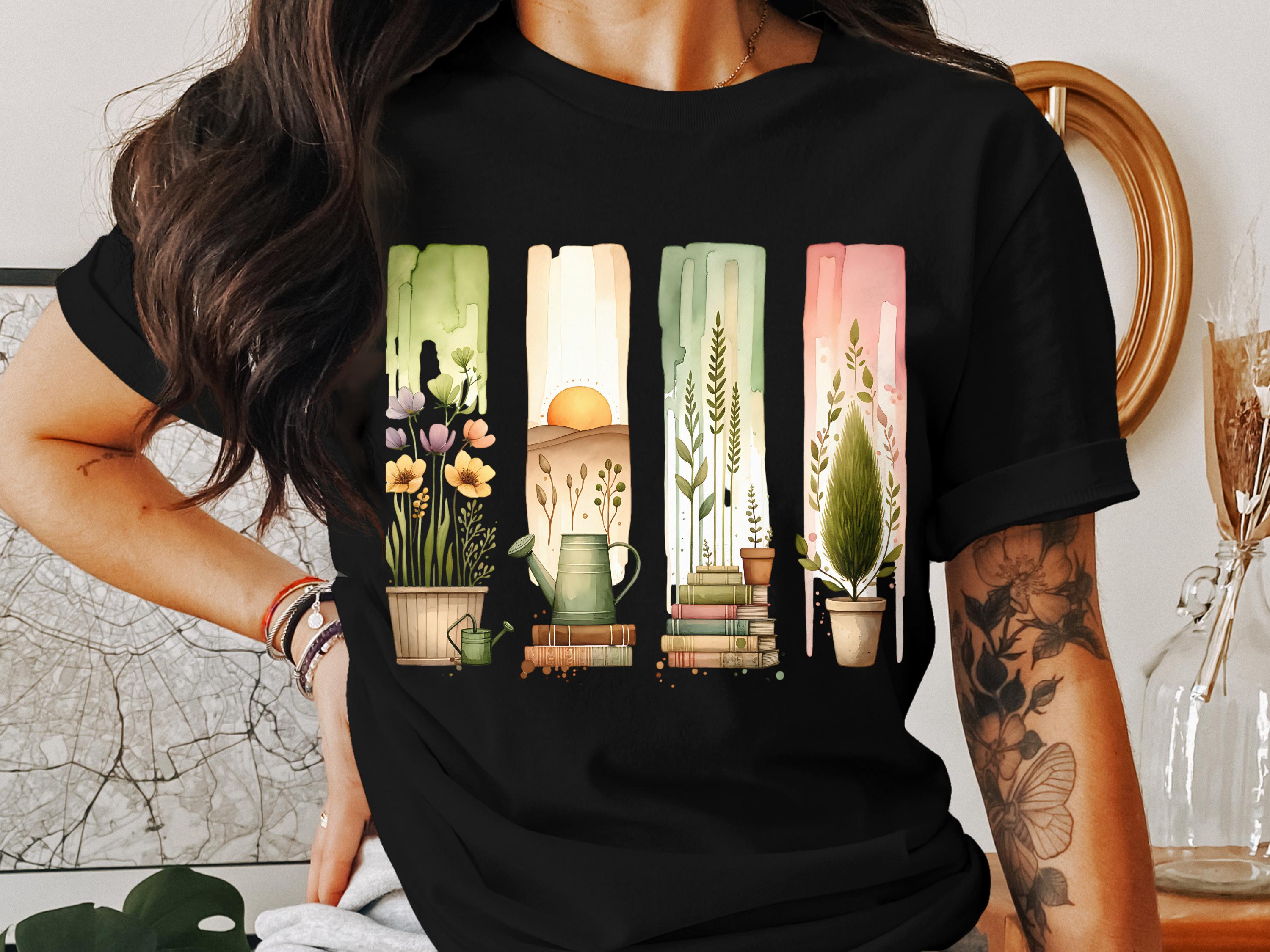 Colorful Botanical Bookshelf T-Shirt, Nature Lover Tee, Floral and Plant Graphic Shirt, Casual Wear for Women and Men.