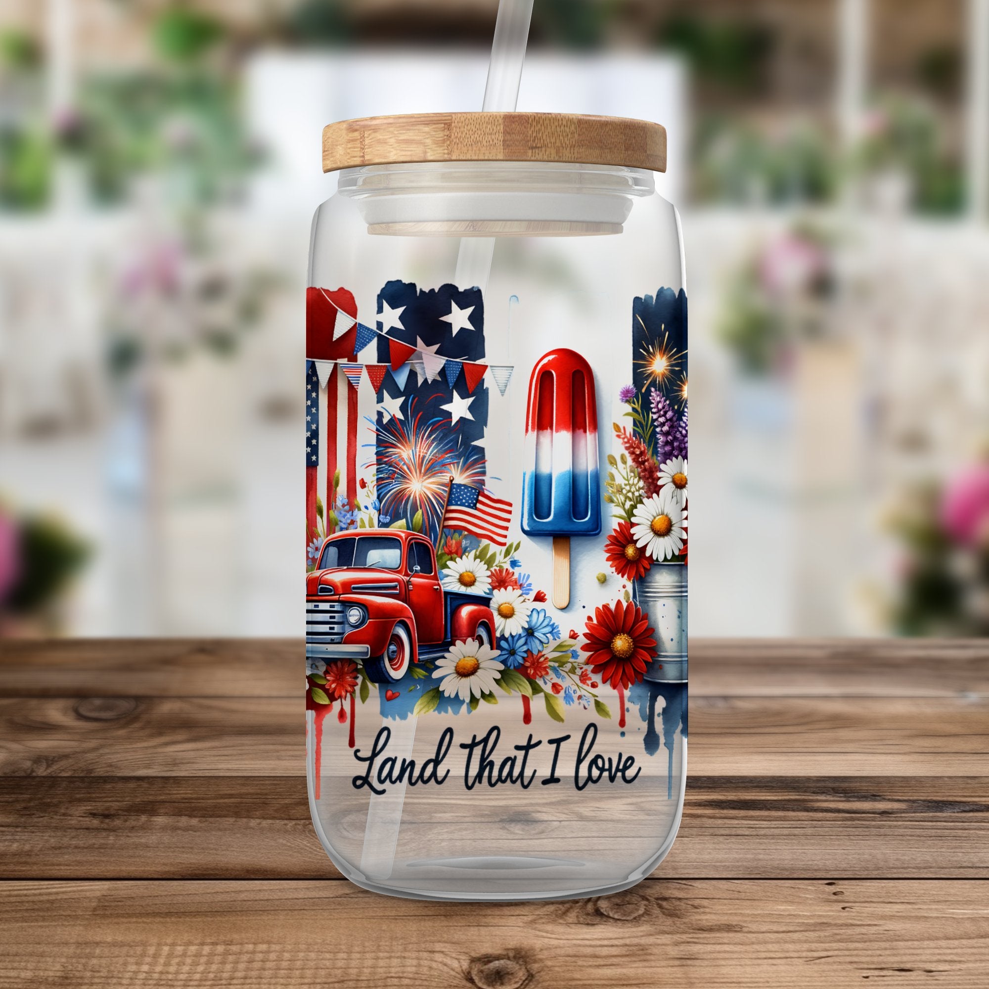 Patriotic Water Bottle, American Flag, Vintage Truck Design, Insulated Drinkware, Floral Pattern, 4th of July Gear