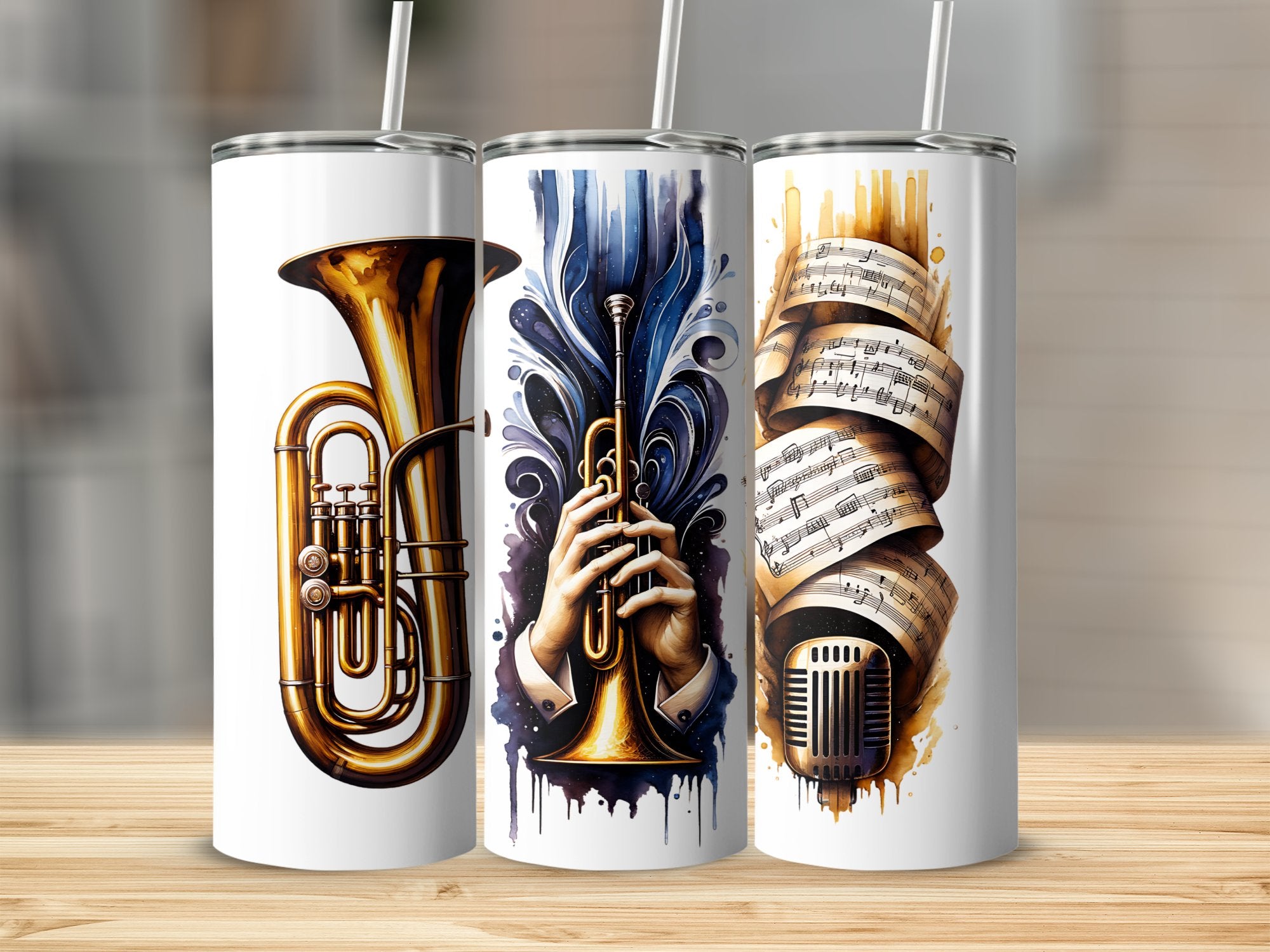 Music Themed Tumblers, Brass Trumpet, Classic Microphone, Vintage Sheet Music, Insulated Drinkware Set