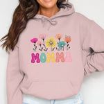 Women's Floral Momma Hoodie, Pink Pullover with Colorful Flower Print, Casual Mother's Day Gift Sweatshirt