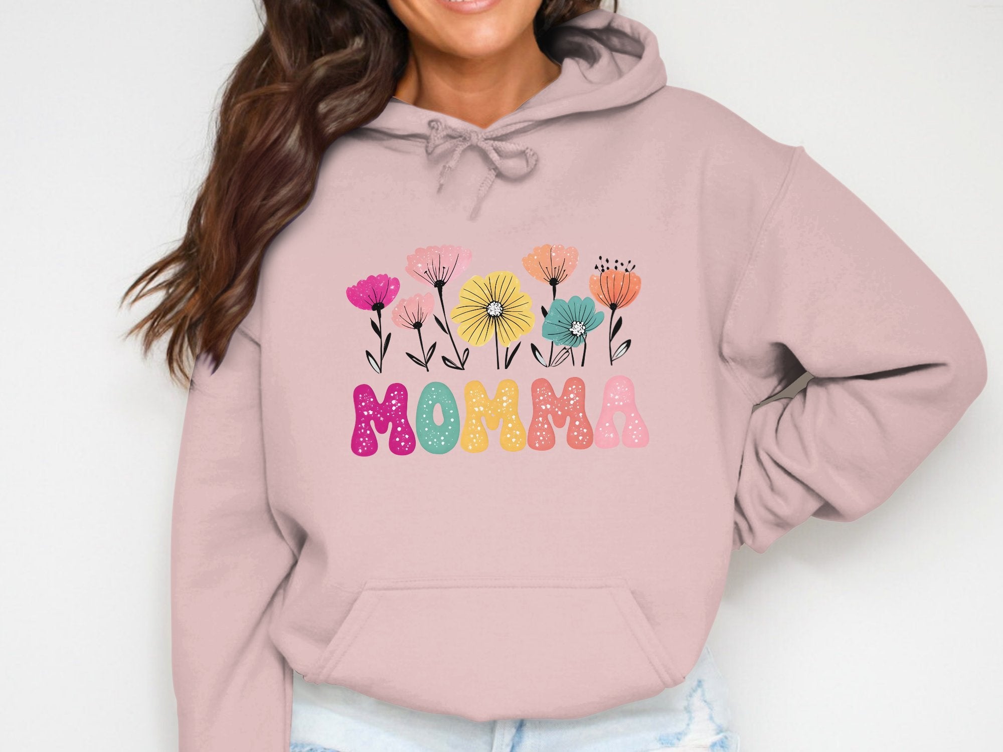 Women's Floral Momma Hoodie, Pink Pullover with Colorful Flower Print, Casual Mother's Day Gift Sweatshirt