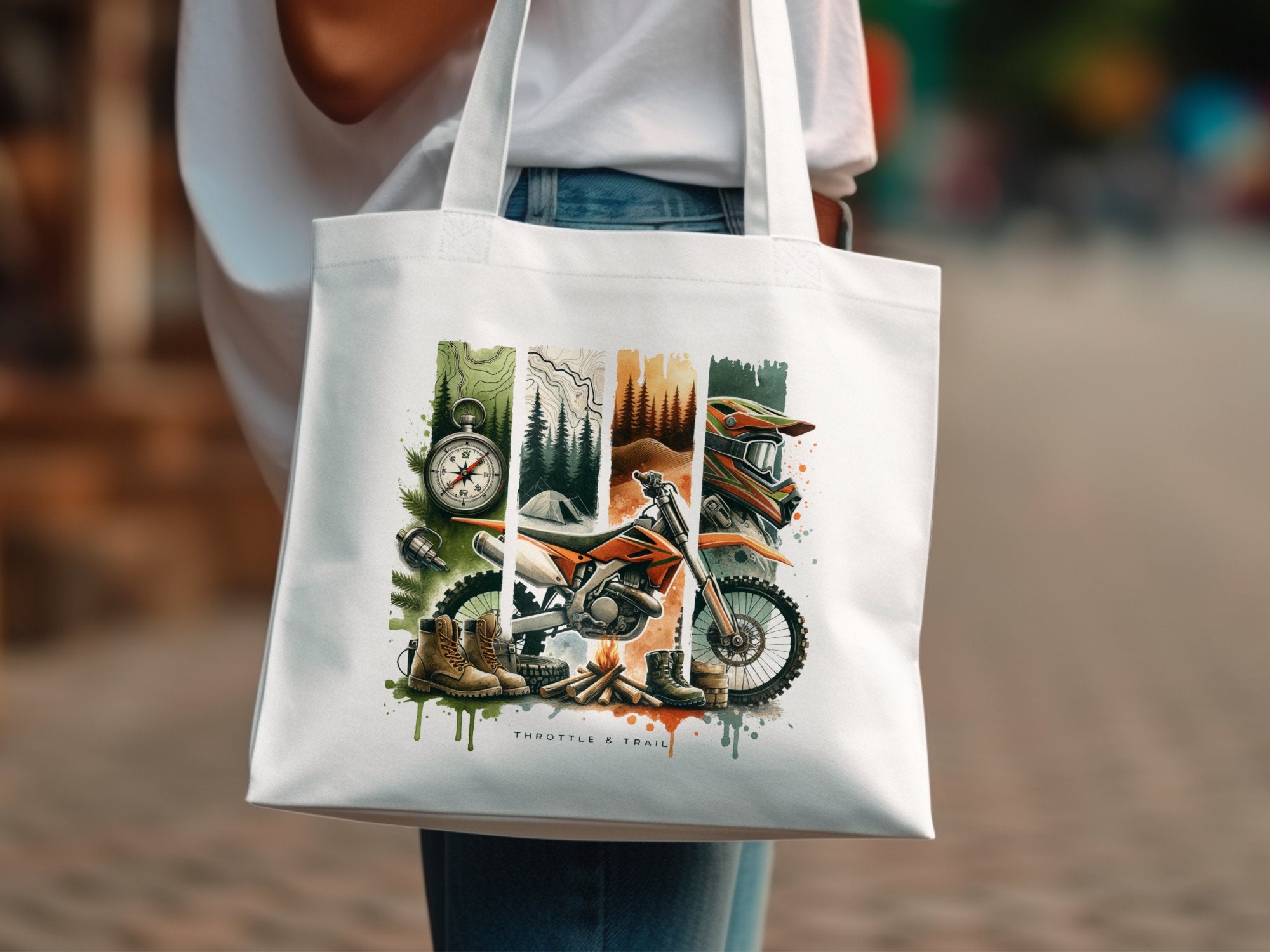 Adventure Motorcycle Canvas Tote Bag, Vintage Bike Print, Eco-Friendly Shopping Bag, Unique Outdoor Themed Illustration
