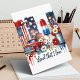 Patriotic Greeting Card, 4th of July, American Flags, Fireworks, Vintage Truck, Floral Design, 'Land That I Love' Text, Festive Holiday
