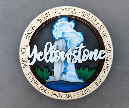 Yellowstone National Park Hand-Painted Wooden Ornament - 3.5 Inch Round