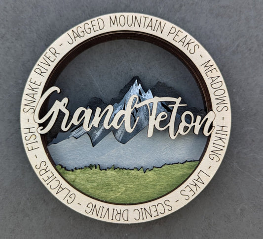 Grand Teton National Park Hand-Painted Wooden Ornament - 3.5 Inch Round