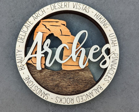 Hand-Painted Arches National Park Wooden Ornament - 3.5 Inch Round