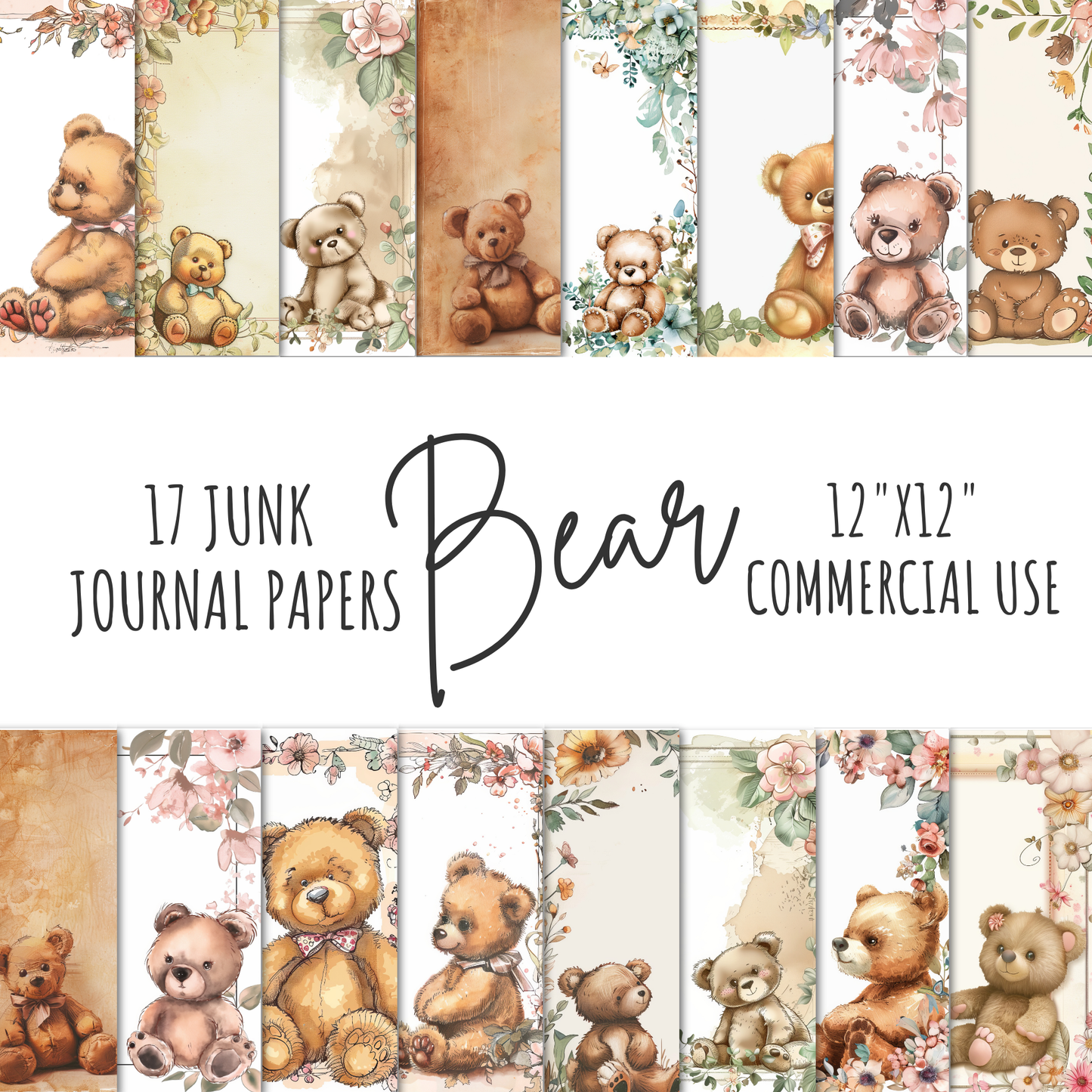 Digital Pastel Bear with Flowers Junk Journal Paper 17 Pages 12x12 Inch 300 DPI Printable Scrapbook Paper for Journaling and Crafts