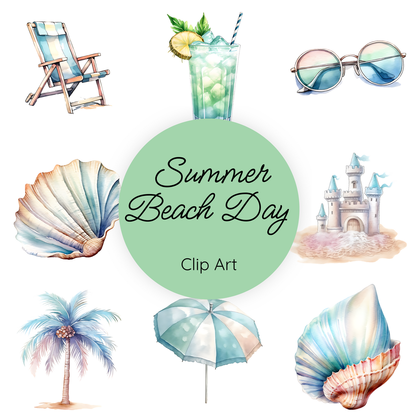 Summer Beach Watercolor Clipart Set, Vacation Clip Art, Boho Tropical Ocean Flip Flops Clip Art Bundle Png Files