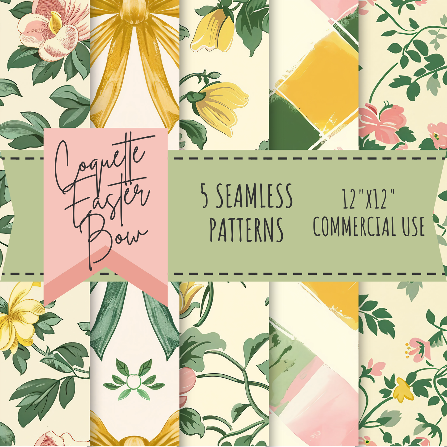 Coquette Easter Bow Seamless Patterns 300 DPI Digital Paper for Fabric Wallpaper Scrapbooking Gingham Floral Vintage Bows Printable Design