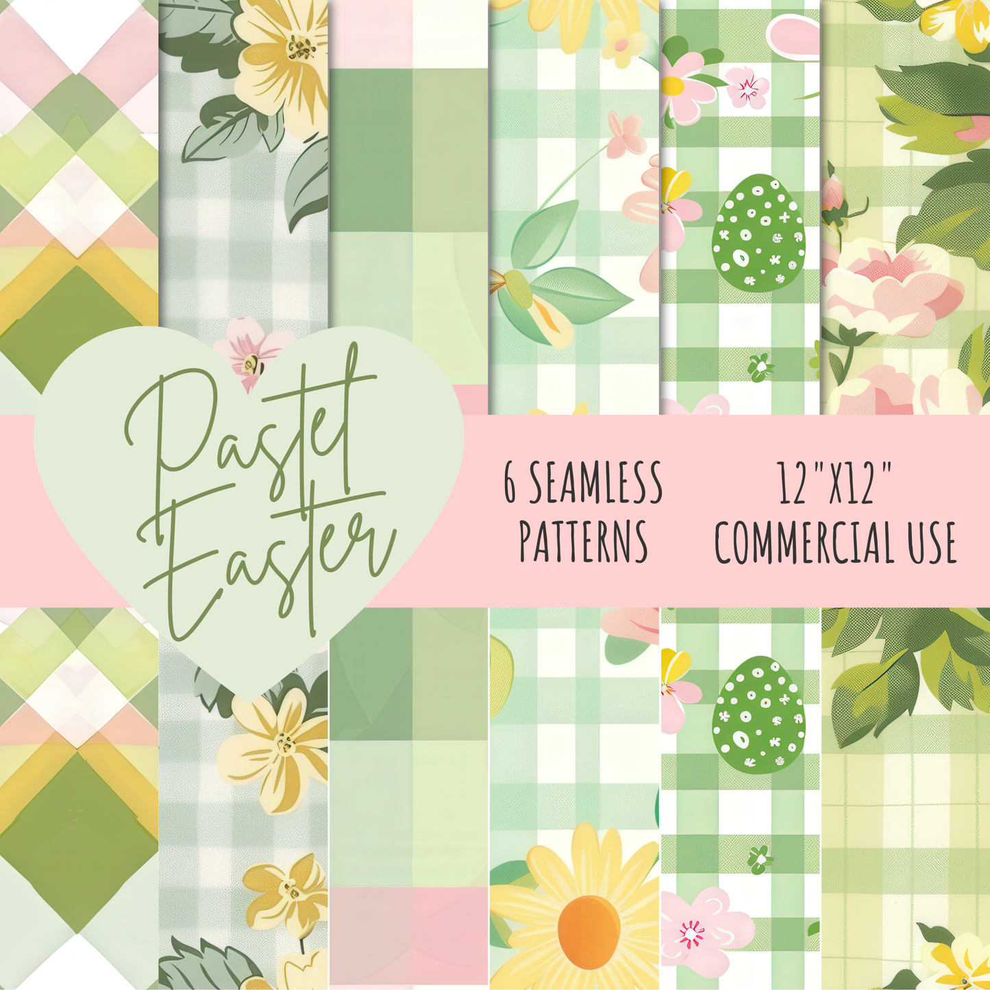 Pastel Easter Seamless Patterns 300 DPI Digital Paper for Fabric Wallpaper Scrapbooking Gingham Floral Bows Spring Printable Design