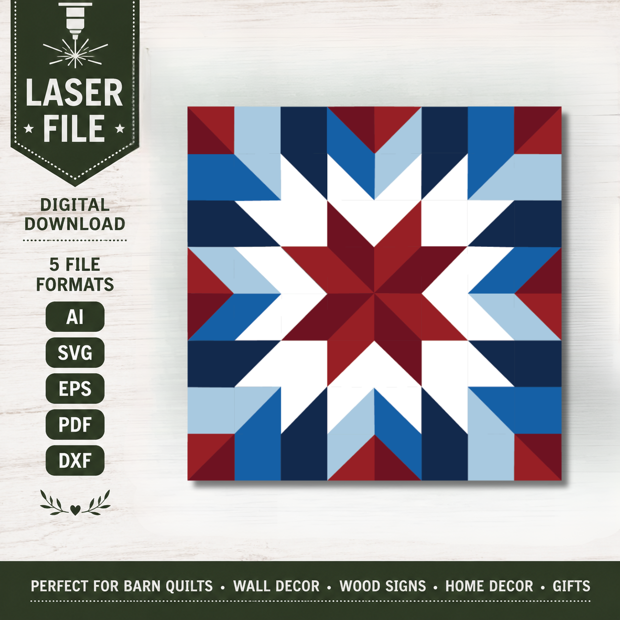 American Heritage barn quilt SVG laser file featuring a geometric red white and blue patriotic star design for layered wood signs, laser-cut barn quilts and Americana decor.