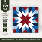 American Heritage barn quilt SVG laser file featuring a geometric red white and blue patriotic star design for layered wood signs, laser-cut barn quilts and Americana decor.