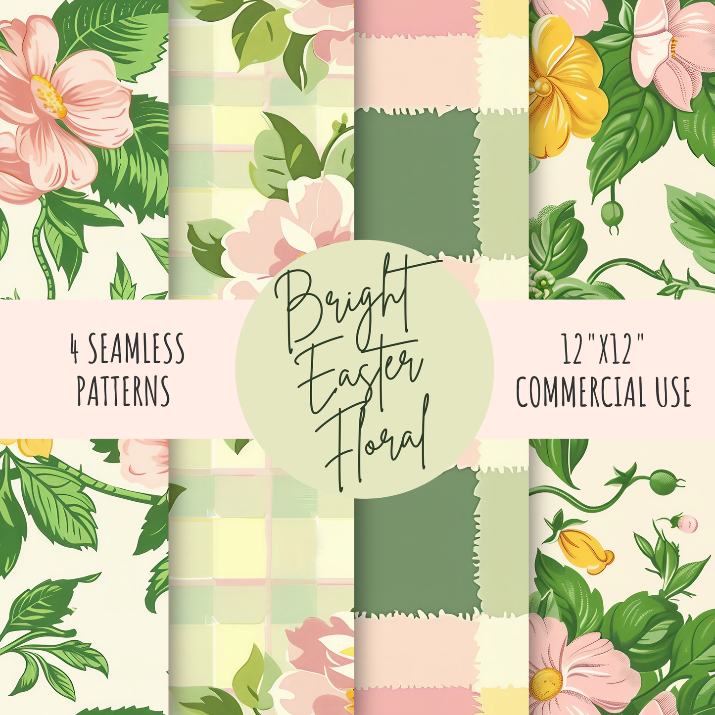 Bright Easter Floral Seamless Patterns 300 DPI Digital Paper for Fabric Wallpaper Scrapbooking Gingham Spring Flowers Printable Design