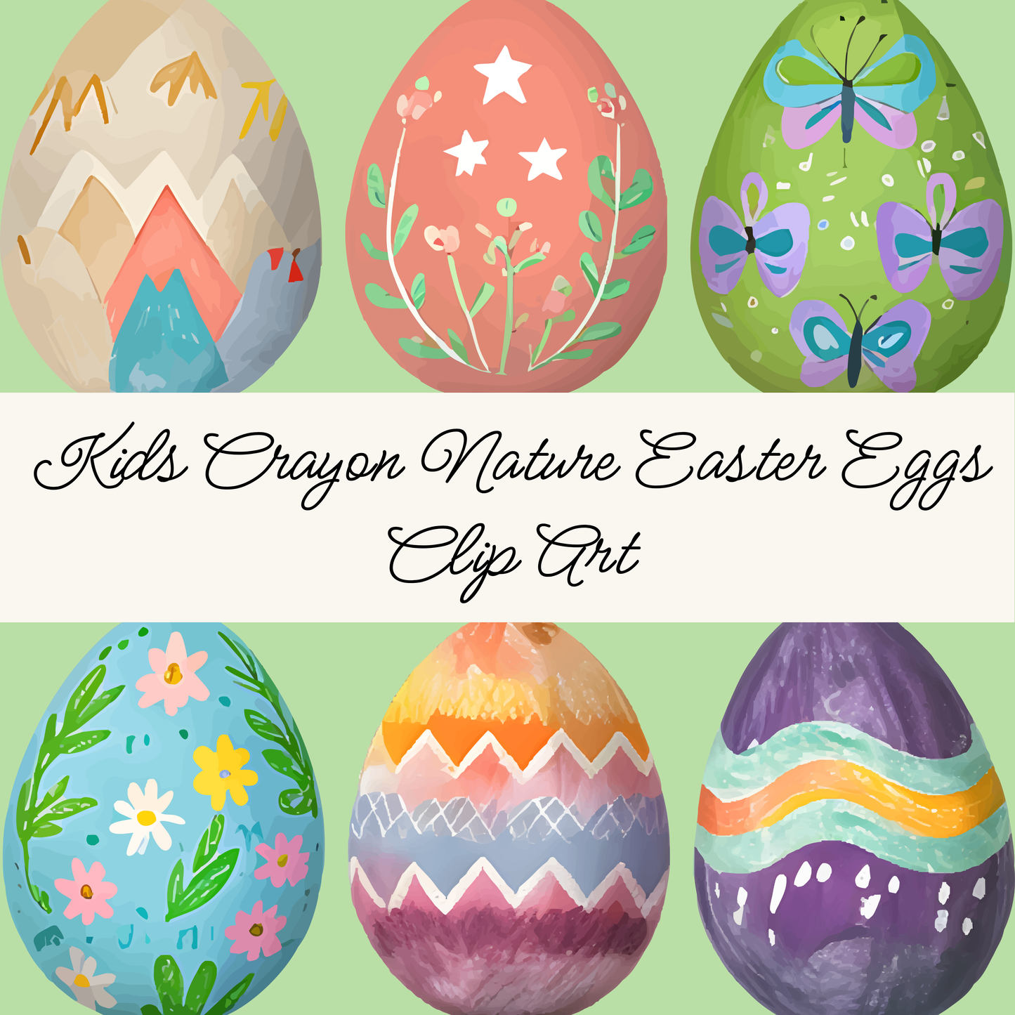 Kids Crayon Easter Egg Clipart, Hand-Drawn Nature Easter Egg PNG, Cute Spring Egg Stickers, Pastel Easter Digital Download