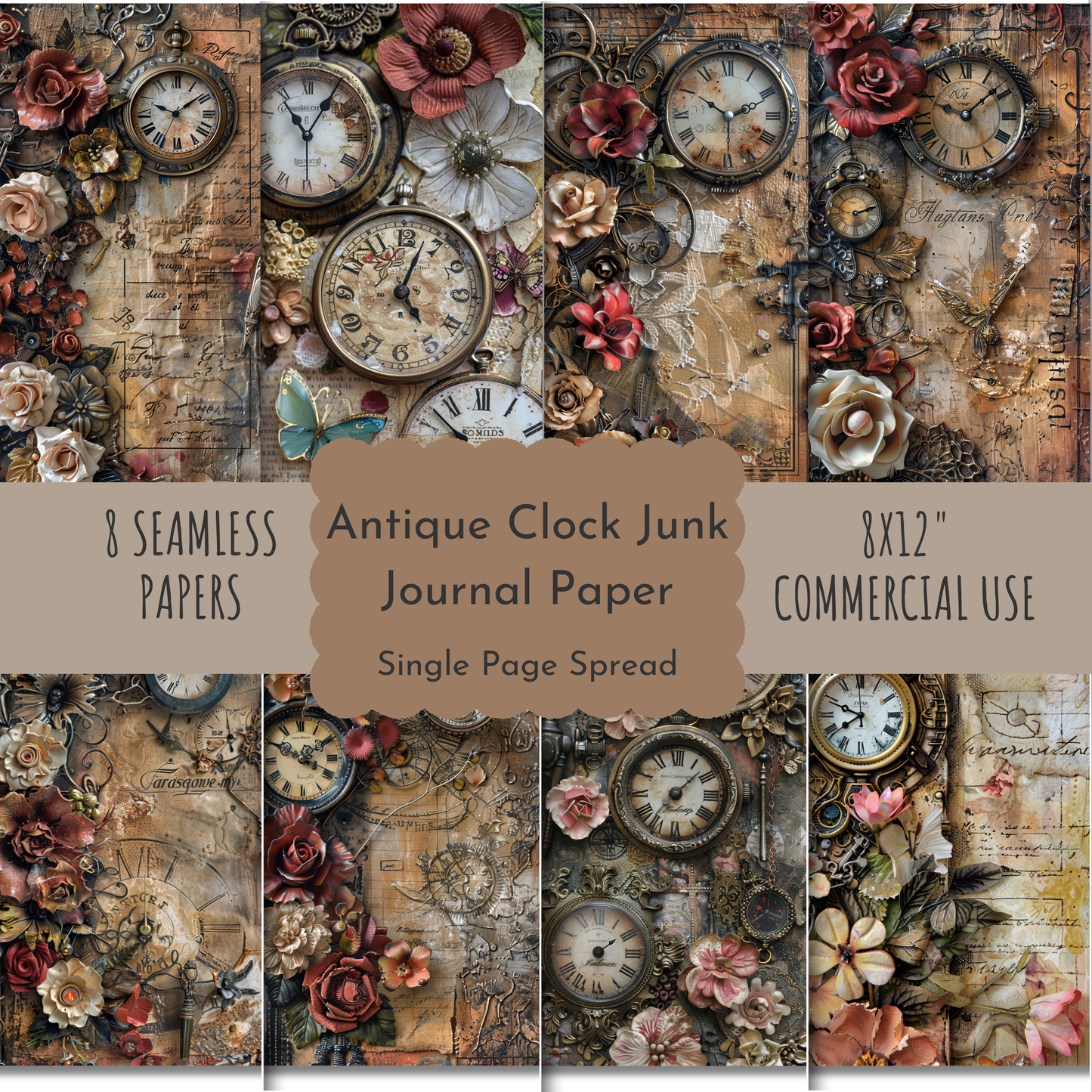 Digital Antique Clock Junk Journal Paper | 16 Pages | Vintage Ephemera, Scrapbook, Collage, Printable Aged Paper for DIY Crafts