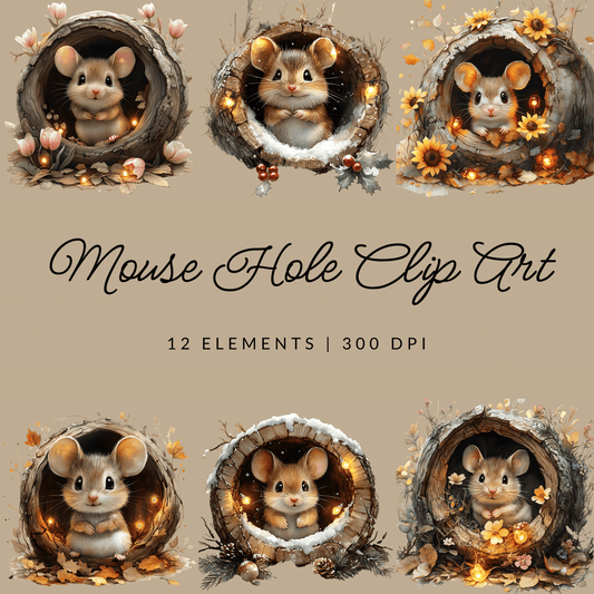 Mouse Hole Clipart Set, Nature Mice in Holes Watercolor clipart, Cottagecore Mouse Sublimation PNG Designs, Cozy Animal Mouse Digital download