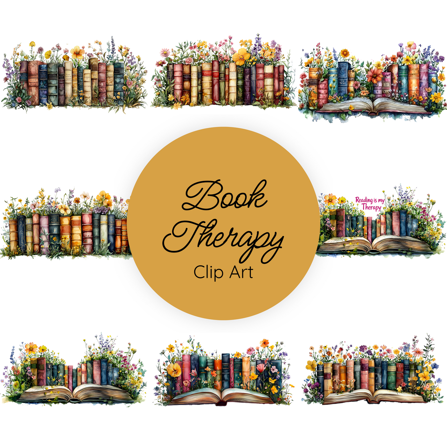 "Book Therapy Clipart, Watercolor Books PNG, Bookshelf Row Clip Art, Book Lover Aesthetic, Reading Sublimation, Transparent PNG Bundle"