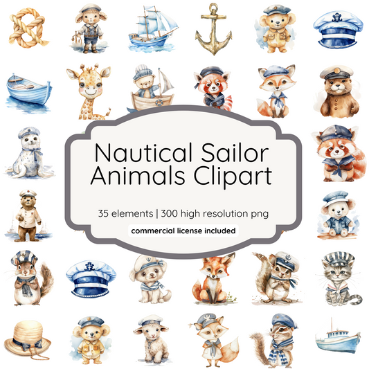 Watercolor Nautical Sailor Animals Clipart | 35 PNG | 300 DPI | Cute Ocean & Sea Animal Illustrations for Baby Shower, Nursery & Crafts