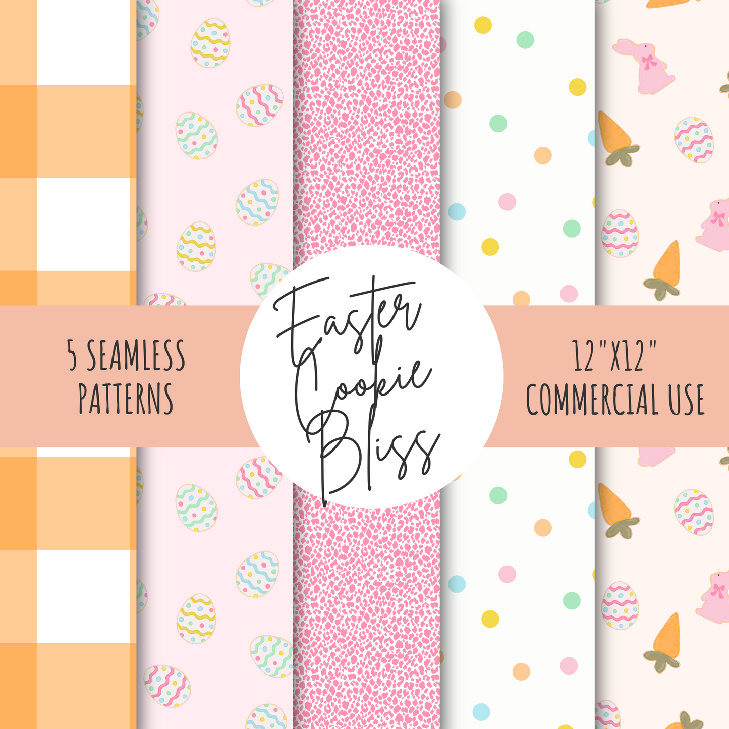 Easter Cookie Seamless Pattern Collection, Pastel Bunny Carrot Egg Designs, Gingham Polka Dots Splatter, Spring Digital Paper