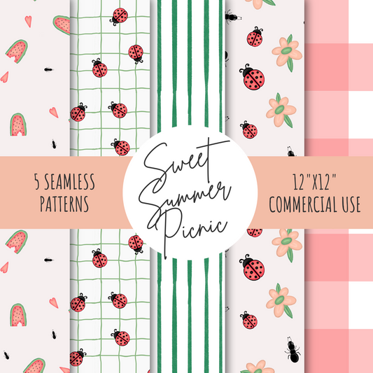 Sweet Summer Picnic Seamless Pattern Collection | Watercolor Gingham, Stripes, Ladybugs, Ants & Watermelon Digital Designs for Fabric & Wallpaper