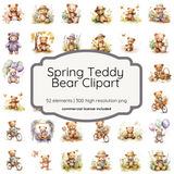 Spring Teddy Bear Clipart | 52 PNG Images | 300 DPI Transparent Background | Cute Watercolor Bear Illustrations for Scrapbooking, Stickers & Sublimation